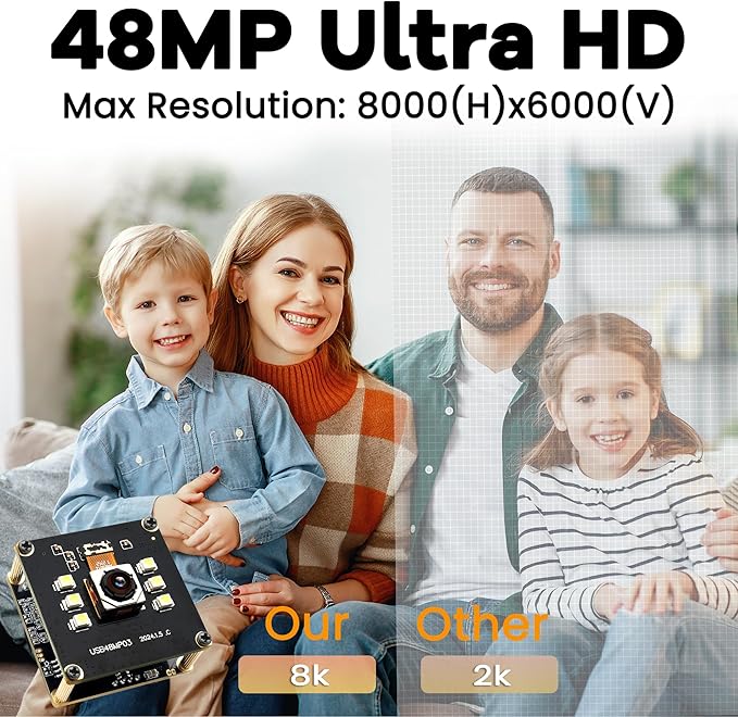 48MP USB Camera 8K Camera Fast Autofocus USB Webcam Module with No Distortion Lens with 6pcs White LEDs PC Computer Cam Plug and Play for Industrial Inspection Document Scanning