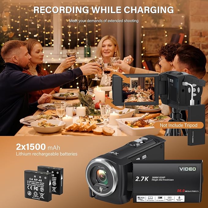 Camcorder Video Camera QHD 2.7K 56MP 16X Digital Zoom Vlogging Camera with LED Fill Light for YouTube, 2.8 Inch 270 Degree Rotation LCD Screen Camcorder with 32GB SD Card and Two Batteries
