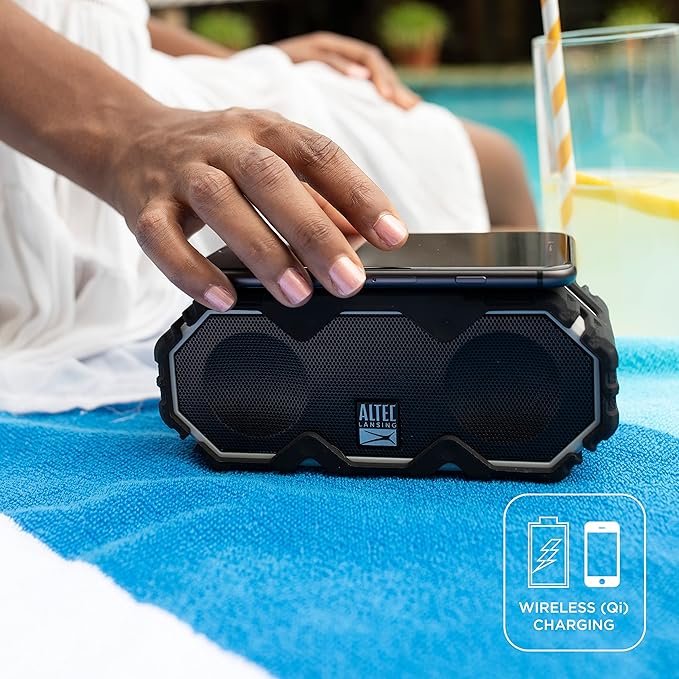 Altec Lansing Mini LifeJacket Jolt Bluetooth Speaker with Qi, Wireless, Waterproof, Portable, Speakers, Loud Volume, Strong Bass, Rich Stereo System, Microphone, 16 Hour Battery, 100 ft Range, Gray