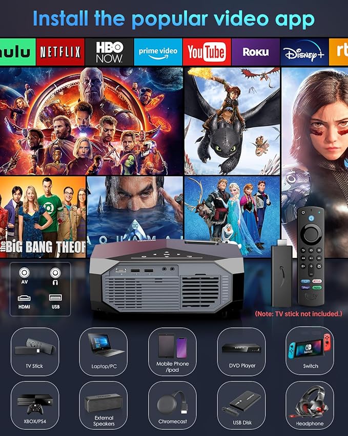 YOWHICK 4K Projector with WiFi and Bluetooth, Native 1080P Outdoor Movie Projector, Smart Video Projector, 50% Zoom/400" Display, Compatible with HDMI/USB/PC/TV/PS5/DVD/Android/iOS, Grey