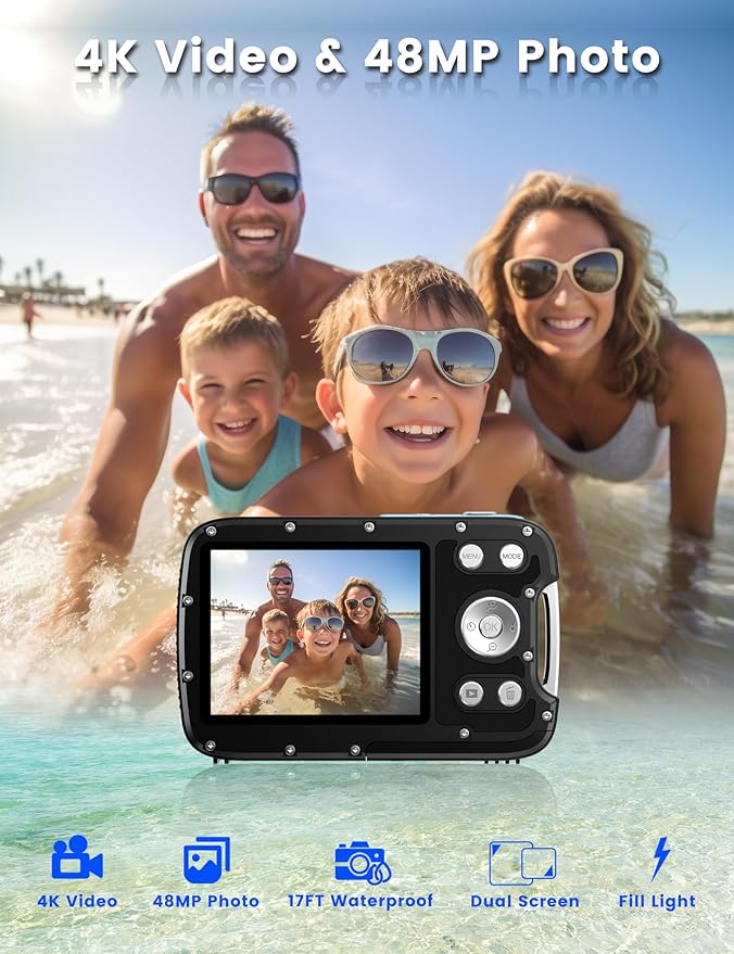 Underwater Camera 4K 48MP Autofocus Selfie Dual Screen Waterproof Camera with Floating Strap and 32GB Card, 17FT Compact Waterproof Digital Camera, Fill Light Underwater Camera for Snorkeling