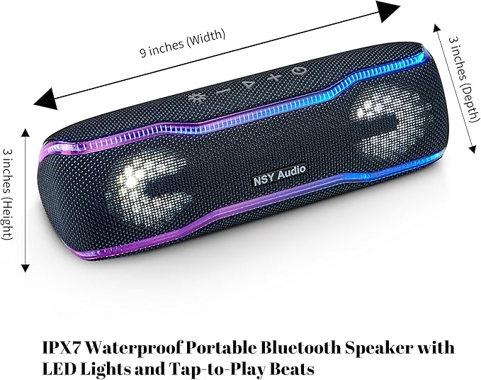 IPX7 Waterproof Bluetooth Speaker, 24H Playtime, LED Lights, Wireless Outdoor Speaker for Pool, Beach, Shower, Gifts, Blue