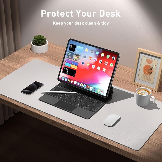 Aothia Large PU Leather Desk Pad Protector – Non-Slip Mouse Pad & Writing Mat for Office/Home, Waterproof, Easy to Clean (48" x 17", Pale Lavender White)