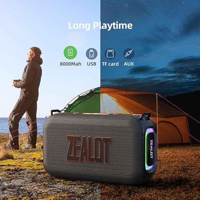 ZEALOT Bluetooth Speaker, 60W(Peak) Speaker Bluetooth Wireless, Portable Outdoor Speakers IPX6 Waterproof, Stereo Loud Sound with Deep Bass,Dual Pair/BT5.3/EQ/TF/AUX, for Pool/Party/Travel