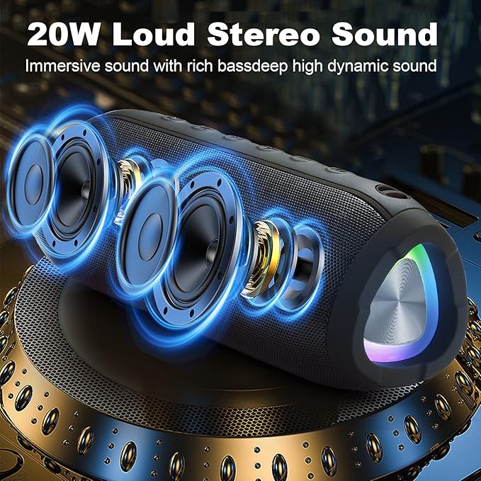 Bluetooth Speakers, Portable Bluetooth Speaker Wireless with 20W Loud Stereo Sound, TWS Pairing for Outdoor, IPX6 Waterproof Shower Speakers, 36H Playtime, Built-in Mic Radio Mode RGB Lights Speakers