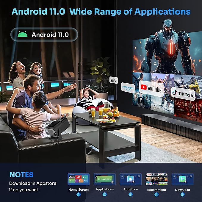 【180°-Rotation Adjustable Stand】HIPPUS Smart Mini Projector with WiFi and Bluetooth,1080P Portable 4k Outdoor Portable Projector,300ASIN LM,Support 2.4G/5G Wi-Fi6, BT5.2 With Android 11,Black.