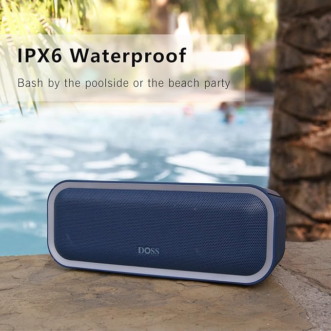 DOSS SoundBox Pro+ Bluetooth Speaker with 24W Impressive Sound, Booming Bass, IPX6 Waterproof, 15Hrs Playtime, Wireless Stereo Pairing, Mixed Colors Lights, 66 FT- Blue