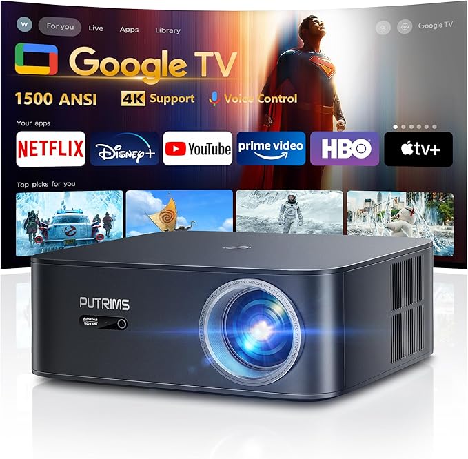 [1500 ANSI/Google TV/Voice Control]Smart Projector with WiFi 6 and Bluetooth, Netflix-Licensed 4K Support, Outdoor Movie Proyector, 1080P Home Ceiling Auto Focus Projector, PUTRIMS K12 Gray