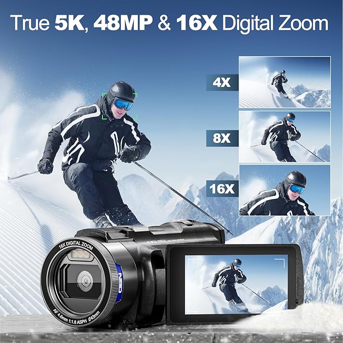 5K Camcorder Video Camera 48MP - WiFi, 3" 270° IPS Screen, 16X Zoom Autofocus & Anti-Shake, with 32GB Card & Mic, 2 Batteries, Vlogging Camera Recorder for YouTube Photography (Black)