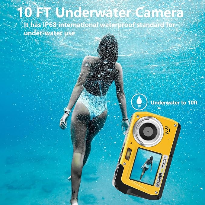 4K Underwater Camera, Full HD 4K&48MP Compact, 10FT Waterproof Camera for Snorkeling, Surfing, Rafting, Dual-Screen for Selfie/16X Digital Zoom/Fill Light/Support 128GB （Yellow）