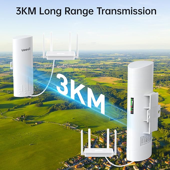 UeeVii CPE450 Wireless Bridge and WR3000K WiFi Router Kit, 5.8G 3KM Point to Point Wireless Bridge Outdoor to Shop Barn Garage Building Network Kit Solution, Outdoor WiFi Bridge(2PCS), Plug and Play