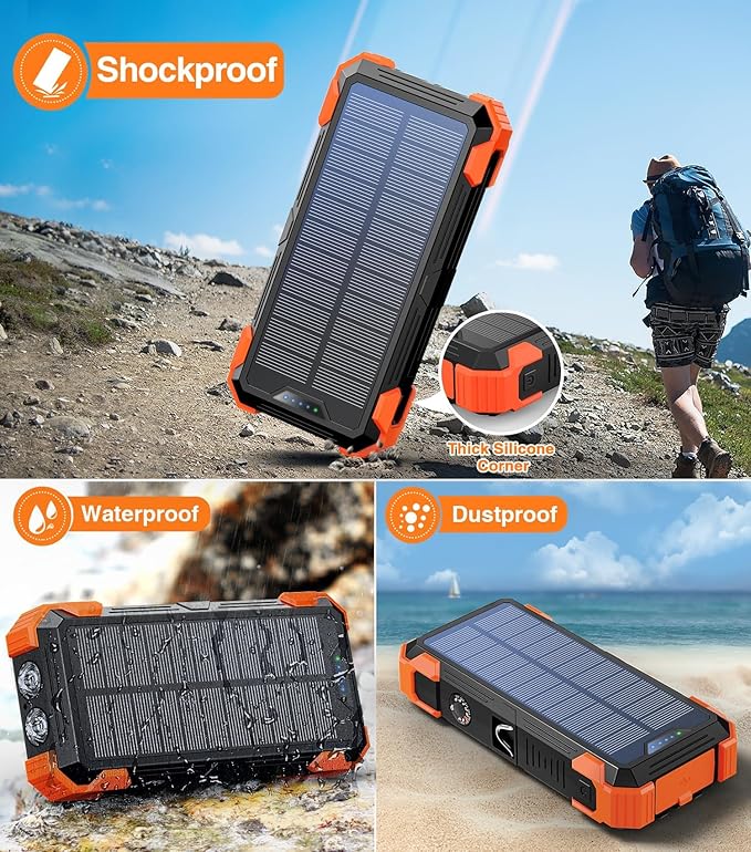 Solar Charger Power Bank,42800mAh Wireless Portable Charger with USB-C in/Output, QC3.0 Fast Charging 15W 4 Ports Outdoor Battery Pack Built-in LED Flashlight, for iPhone, Galaxy, iPad etc