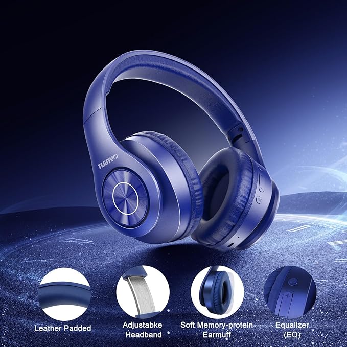 TUINYO Bluetooth Headphones Wireless, Over Ear Stereo Wireless Headset 40H Playtime with deep bass, Soft Memory-Protein Earmuffs, Built-in Mic Wired Mode PC/Cell Phones/TV-Dark Blue