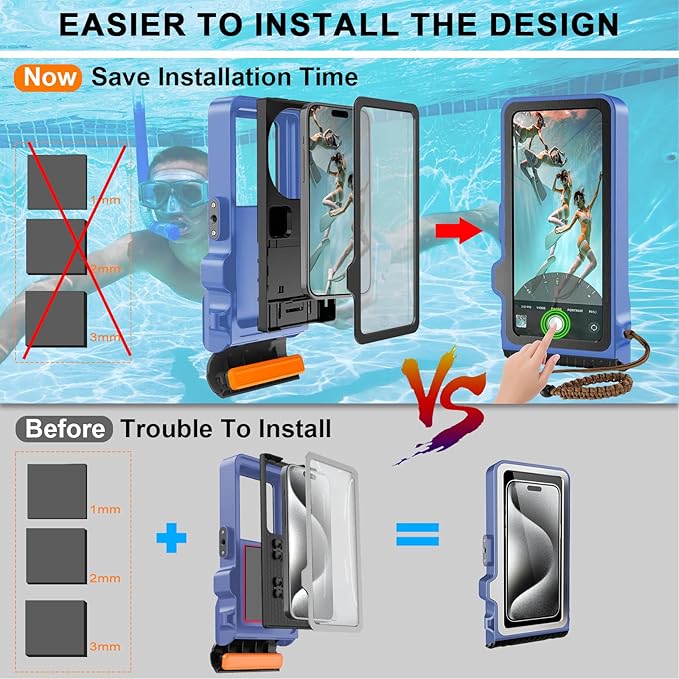 2025 Upgrade Waterproof Phone Case, Diving Snorkeling Swimming Scuba Underwater Touch Screen Photo Video Housing Cover for 17/16/15/14/13/12/11 Pro Max/XS/X Samsung Galaxy S25/S24/S23/S22 (Blue Black)