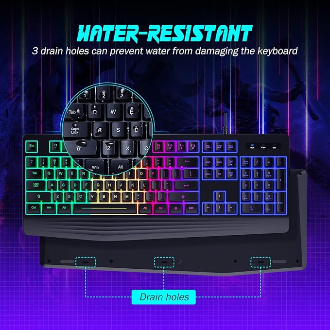 Gaming Keyboard, 7-Color Rainbow LED Backlit, 104 Keys Quiet Light Up Keyboard, Wrist Rest, Whisper Silent, Anti-ghosting Multimedia Keys, Waterproof USB Wired Keyboard for PC Mac Xbox
