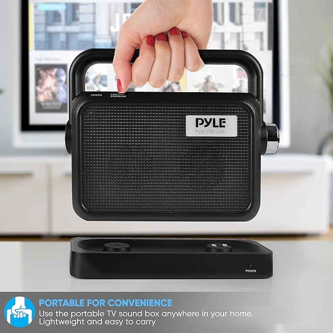 Pyle Wireless Portable Speaker Soundbox – 2.4GHz Full Range Stereo Sound with Headset Jack – TV, MP3, iPod, Analog Cable – Voice Enhancing Audio Hearing Assistance – PTVSP18BK