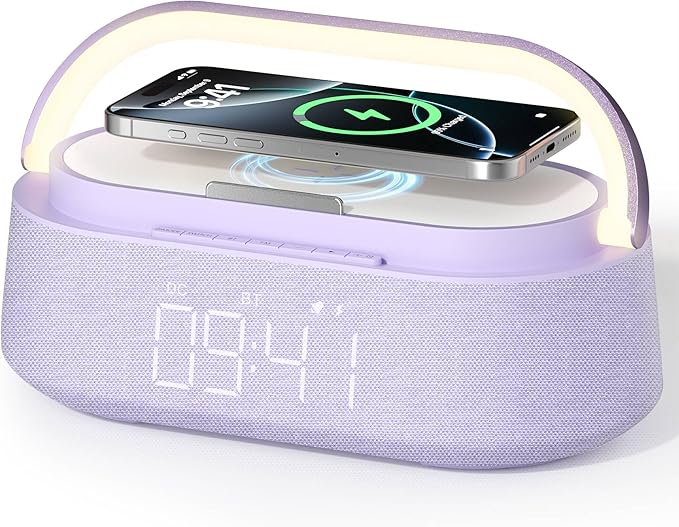 Bluetooth Speaker with Wireless Charger, FM Radio, Dimmer Night Light, Phone Holder, Wireless Charging Speakers for iPhone Samsung, Bedrooms Home Office Gifts