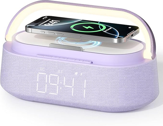 Bluetooth Speaker with Wireless Charger, FM Radio, Dimmer Night Light, Phone Holder, Wireless Charging Speakers for iPhone Samsung, Bedrooms Home Office Gifts