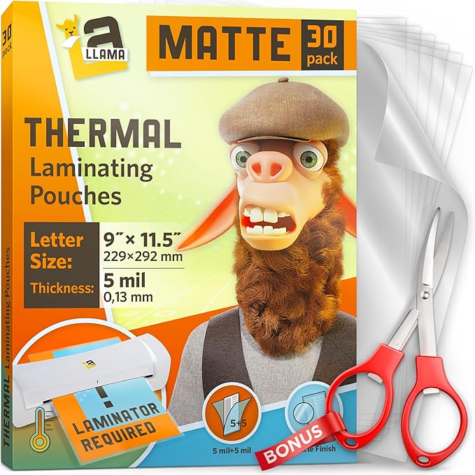 Matte Thermal Laminating Pouches, Matte Finish, 9 x 11.5 Inches 5 MIL Thickness, 30 Pack, Fitted for Letter Size Laminating Sheets 8.5 x 11