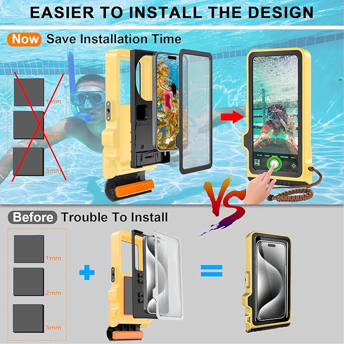 2025 Upgrade Waterproof Phone Case, Diving Snorkeling Swimming Scuba Underwater Touch Screen Photo Video Housing Cover for 17/16/15/14/13/12/11 Pro Max/XS Samsung Galaxy S25/S24/S23/S22 (Yellow Black)
