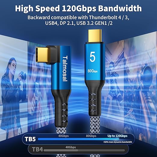 240W for Thunderbolt 5 Cable Right Angle 3.3 ft, 120Gbps Bandwidth, 80Gbps, Dual 8K, 4K 540Hz, Triple 4K 144Hz for iPhone 17, Thunderbolt 4, USB4, SSD, MacBook M4 Pro, Dock, eGPU, Mac mini M4 / M4 Pro