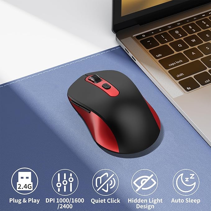 Wireless Mouse for Laptop, PC, Chromebook, Mac, MacBook, Silent Mouse with USB Nano Receiver, Side Button, 2400 DPI, Anti Slip Roller, 6 Button Ergonomics Cordless Computer Mice - Black Red