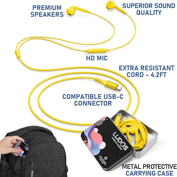 LUDOS FEROX USB C Headphones for iPhone 16 15 Pro Max Plus iPad Pro, 5 Years Warranty, Magnetic USB-C Earbuds for Samsung Galaxy S24 S23 Ultra S22 S21 S20 A55 A54 A53, USB Type C Earphones - Yellow