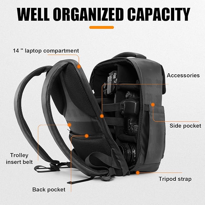 Cwatcun Waterproof Camera Backpack PU Leather Camera Bag with Tripod Holder, 14" Laptop Compartment for Canon Sony Nikon SLR DSLR Mirrorless Camera, Lens, Travel Photography Camera Bag Case