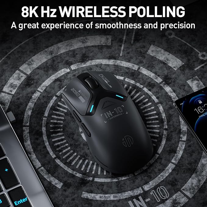 INPHIC IN10P Superlight Wireless Gaming Mouse, 60g, 8K Polling Rate, 26,000 DPI, Tri-Mode, PAW3395 Sensor, Fully Programmable