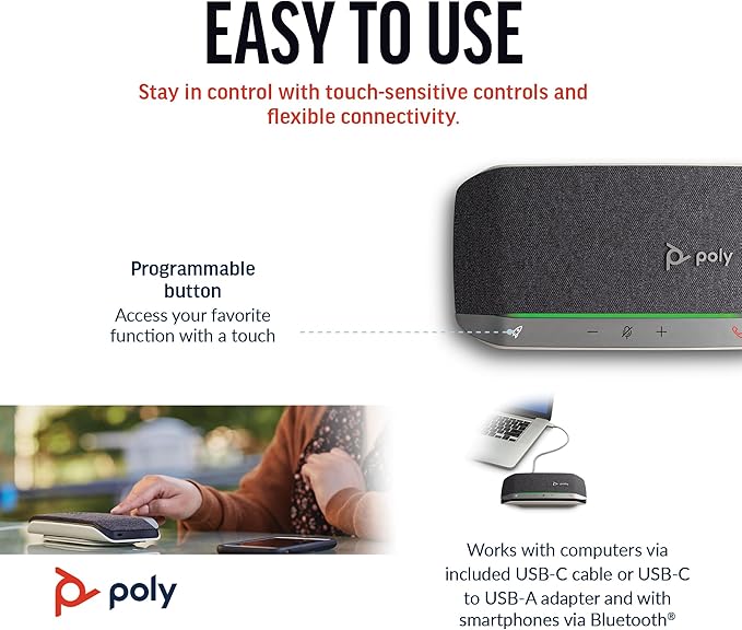 Poly Sync 20 USB-C Personal Portable Smart Speakerphone (Plantronics) – Noise/Echo Reduction -Works w/Teams, Zoom, PC, Mac, Mobile – Amazon Exclusive