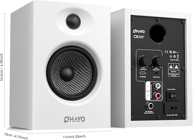 OHAYO 60W Computer Speakers for Gaming and Music, Active Bluetooth 5.3, Stereo 2.0 Speakers for Desktop PC Monitor or Laptop, Surround Sound Speaker, 3.5 mm Aux RCA Input, USB-Powered, 1 Pair, White