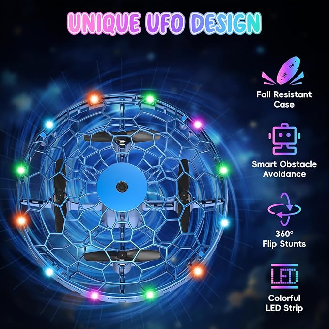 Flying Toy Drone for Kids，360° Hands Free Motion Sensors Mini Drone with Cool LED Lights,Easy Indoor Small UFO Toy Flying Ball Drone for Kids -Blue