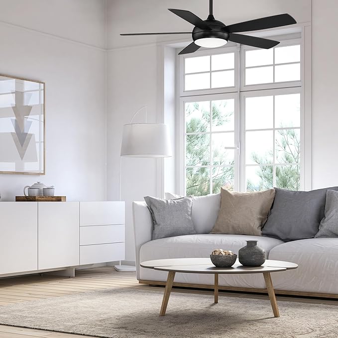 WAC Smart Fans Odyssey Indoor and Outdoor 5-Blade Smart Home Ceiling Fan 52in Matte Black with 3000K LED Light Kit and Remote Control works with Alexa and iOS or Android App
