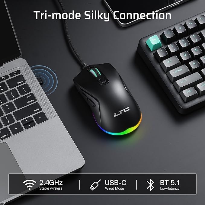 LTC GM025 Tri-Mode Wireless Gaming Mouse,12000 DPI PAW3311 Sensor, Ergonomic Mouse 2.4Ghz/BT/Wired, 6 Programmable Buttons, Customizable RGB Lighting, Pro Software