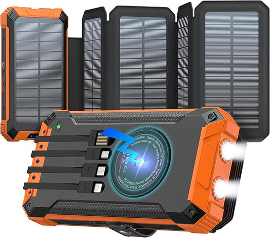 GOODaaa Power Bank Wireless Charger 36800mAh Solar Charger with Five Solar Panels Built-in Four Cable Five Outputs Portable Power Bank for Cell Phone with Dual Flashlights, Carabiner