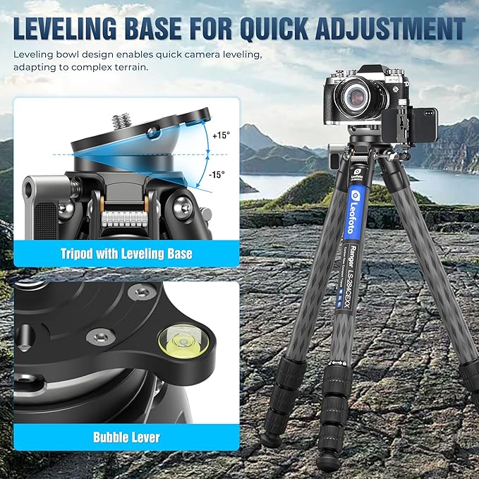 Compact Carbon Fiber Tripod with Leveling Base for Camera, 360° Rotating Portable Tripod with 3/8" Screw for Sport Camera/Phone Holder/Projector, A Bubble Level, Folded Length 21.06", Max Load 22LB