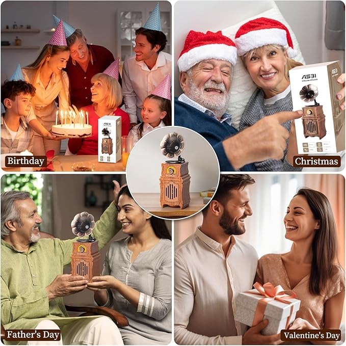 Retro Bluetooth Speaker with FM Radio, Bass, Retro Radio 5.3 Wireless Speaker Vintage Radios Support USB/TF/AUX Player for Home Office Room Outdoor Party, Portable Rechargeable