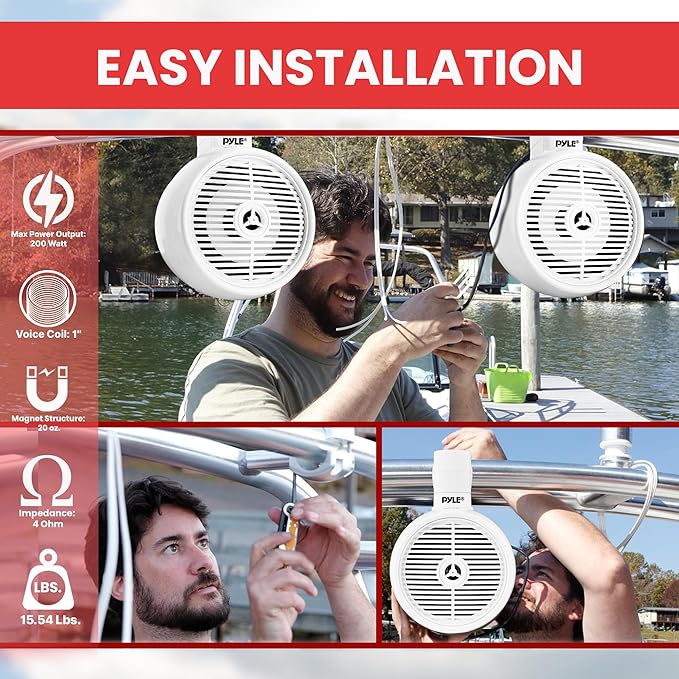 PyleUsa 6.5” Waterproof Off-Road Speakers - 200W 2-Way Marine Wakeboard Tower Sound System w/ LED Light, Full Range Outdoor Stereo Speaker for Car, ATV, UTV, Jeep, Boat, Includes Brackets (White)