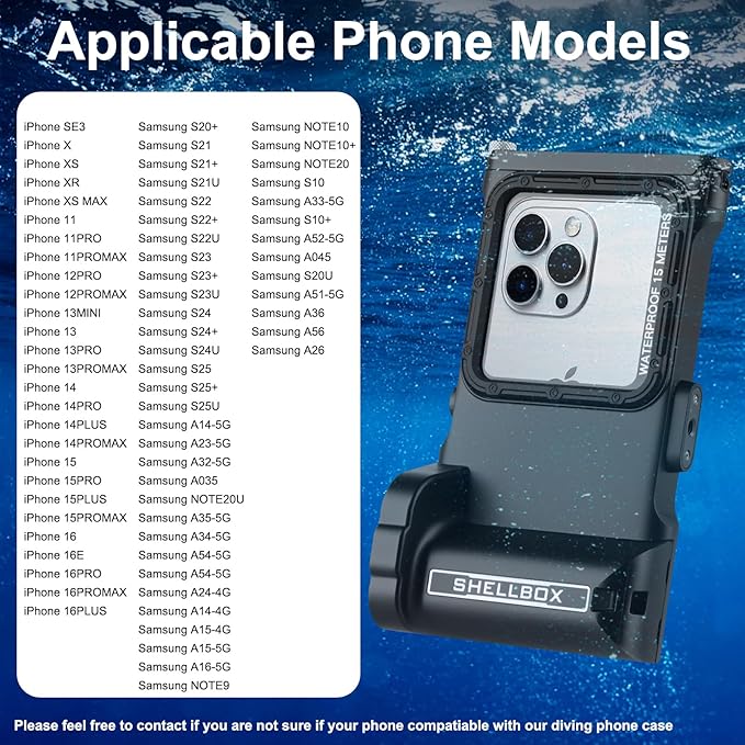 50ft/15m Waterproof Snorkeling Diving Phone Case for iPhone 16-11 pro/pro max & Samsung S24-S21, Underwater Photo & Video Housing with Bluetooth Control Black