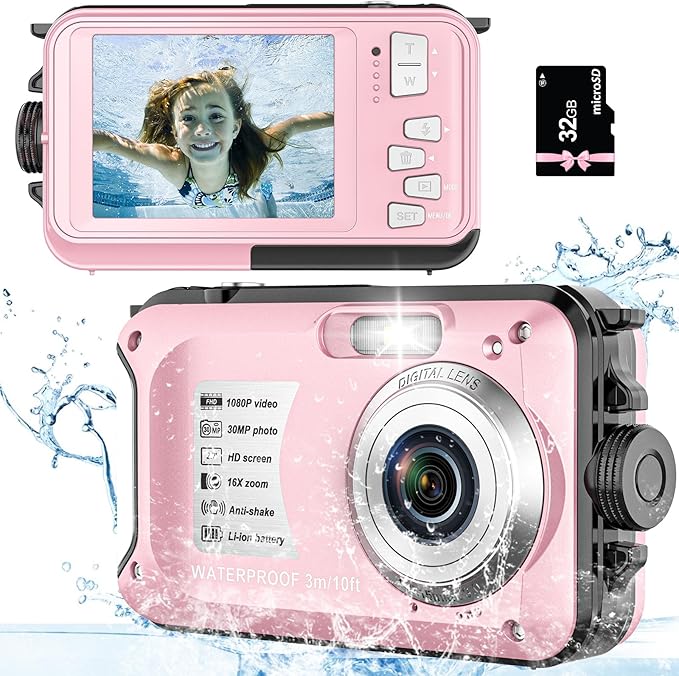 Underwater Camera, Waterproof Camera Autofocus with 32GB Card, 10FT Waterproof Digital Camera with 2.7" Screen for Kids, 16X Fill Light Portable Compact Digital Camera for Snorkeling, Pink