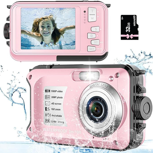 Underwater Camera, Waterproof Camera Autofocus with 32GB Card, 10FT Waterproof Digital Camera with 2.7" Screen for Kids, 16X Fill Light Portable Compact Digital Camera for Snorkeling, Pink