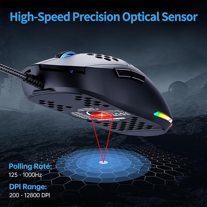 TMKB Falcon M1SE Ultralight Honeycomb Gaming Mouse, High-Precision 12800DPI Optical Sensor, 6 Programmable Buttons, Customizable RGB, Drag-Free Paracord, Ergonomic Wired Gaming Mouse - Matte Black