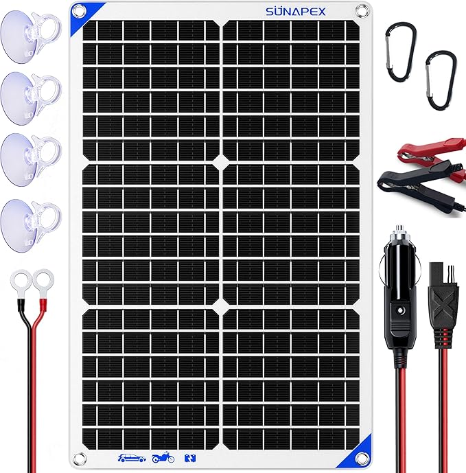 SUNAPEX Solar Battery Charger Maintainer, 30W 12V Portable Waterproof Solar Panel Trickle Charger with Built-in Charge Controller, Cig Plug, Alligator Clips, O-Rings for Car, Truck,Tractor, Boat, etc