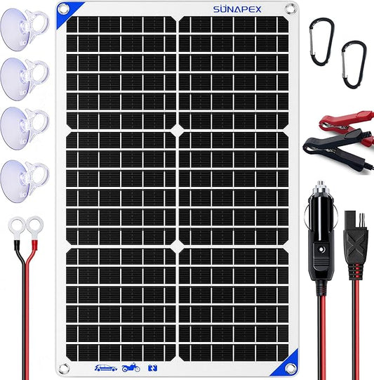 SUNAPEX Solar Battery Charger Maintainer, 30W 12V Portable Waterproof Solar Panel Trickle Charger with Built-in Charge Controller, Cig Plug, Alligator Clips, O-Rings for Car, Truck,Tractor, Boat, etc