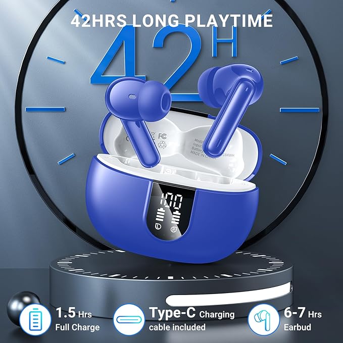 Wireless Earbuds, 2024 Wireless Headphones HiFi Stereo Earphones with 4 ENC Noise Canceling Mic, 42Hs Playtime In Ear Earbud, Bluetooth 5.3 Sport Earphones with LED Power Display for Android iOS Blue