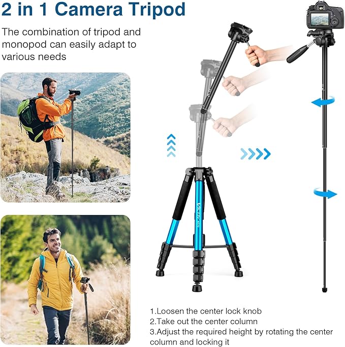 Victiv 72 inch Camera Tripod, Tall Tripod for Camera Cell Phone, Heavy Duty Camera Tripod Stand, Professional Aluminum Monopod, Compatible with Canon Nikon Sony DSLR Cameras - Blue