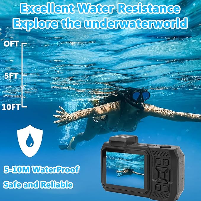 4K Waterproof Digital Camera Snorkeling: 65MP 33FT Compact Rugged Underwater Camera Dual-Screen with 18X Zoom 64GB Card & 2500 mAh Battery for Outdoor Scuba Diving Swimming Black