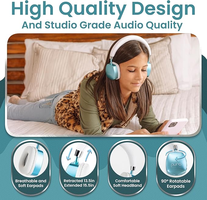 Puro Sound Labs PuroQuiet Plus Noise Cancelling Headphones for Kids, Bluetooth Kids On Ear Headphones with Mic, Lightweight On-Ear Design, Studio-Grade Sound (Teal)