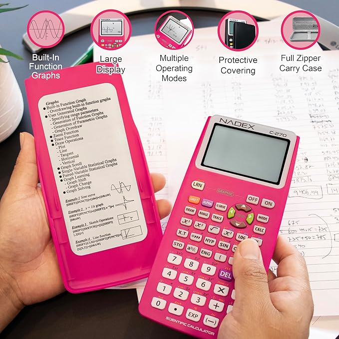 Scientific Calculator with Graphing, Includes Carrying Case, for College and High School Students, Calculus, Algebra, Geometry, Trigonometry, Statistics, Physics, Chemistry, Pink