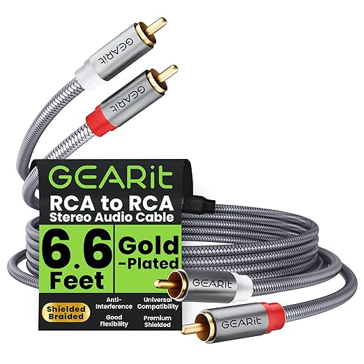 GEARit RCA Cable (6.6FT) 2RCA Male to 2RCA Male Stereo Audio Cables Shielded Braided RCA Stereo Cable for Home Theater, HDTV, Amplifiers, Hi-Fi Systems, Car Audio, Speakers, 6.6 Feet